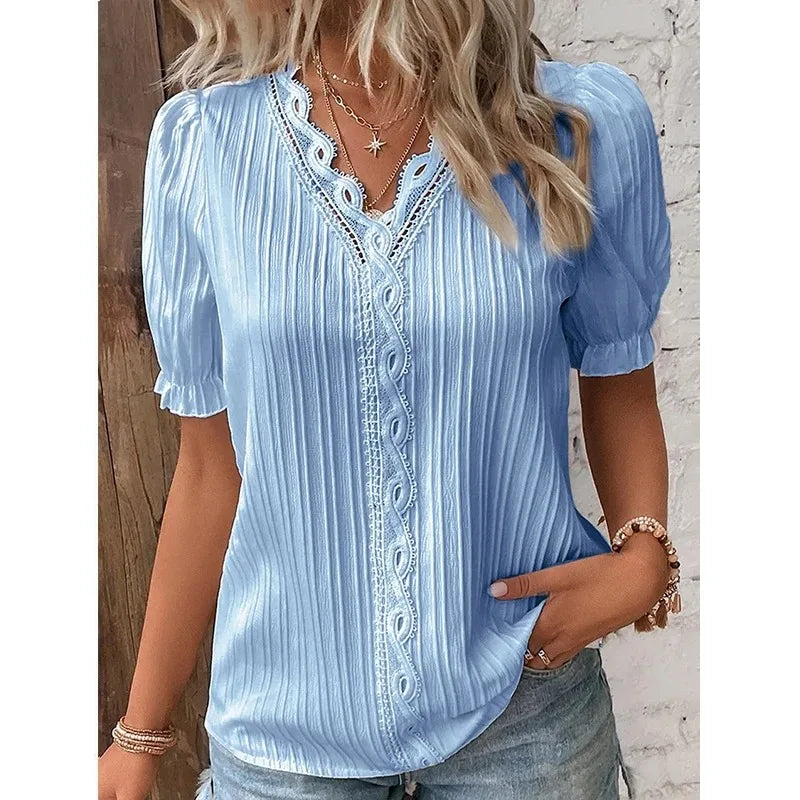 Summer Women's Top Solid V-Neck Hollow Short Sleeve Shirt Fashion Loose Street Apparel