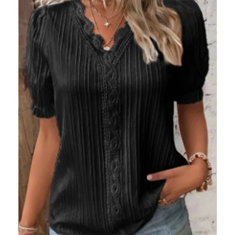Summer Women's Top Solid V-Neck Hollow Short Sleeve Shirt Fashion Loose Street Apparel