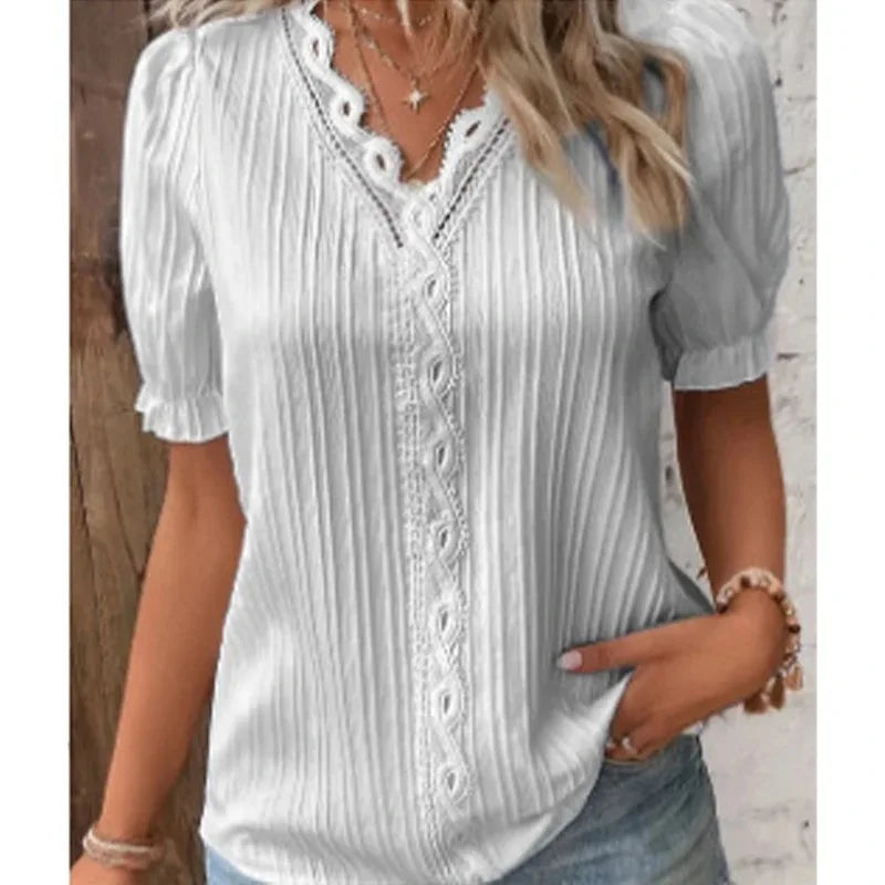 Summer Women's Top Solid V-Neck Hollow Short Sleeve Shirt Fashion Loose Street Apparel