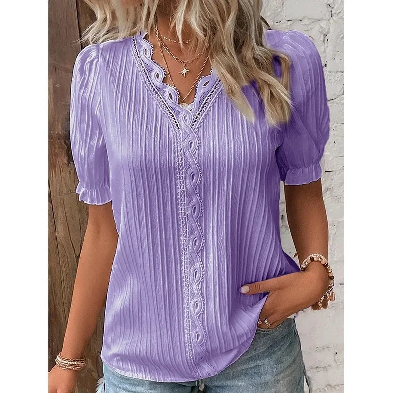 Summer Women's Top Solid V-Neck Hollow Short Sleeve Shirt Fashion Loose Street Apparel