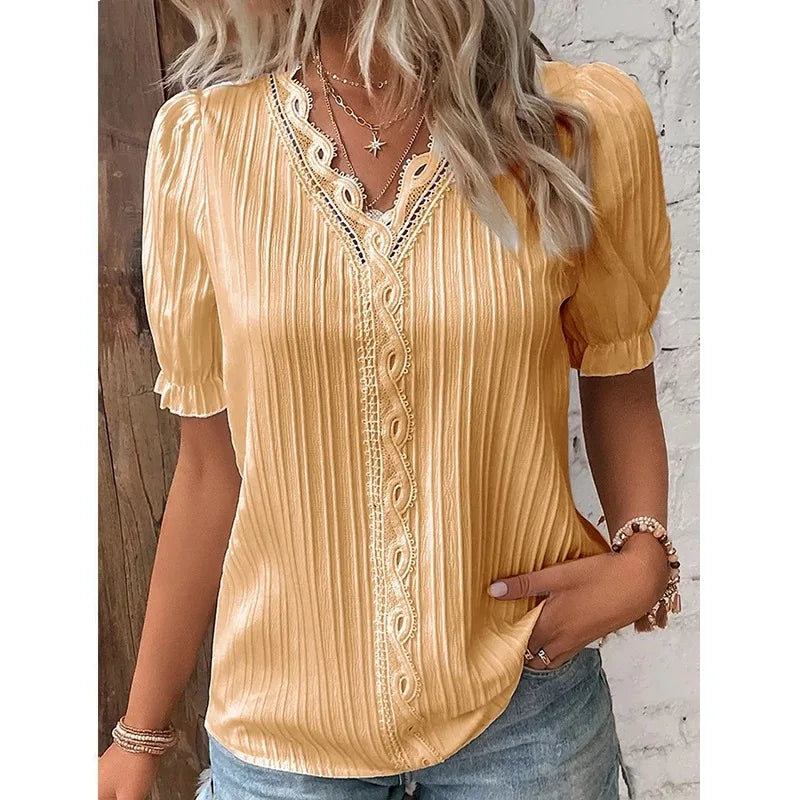Summer Women's Top Solid V-Neck Hollow Short Sleeve Shirt Fashion Loose Street Apparel