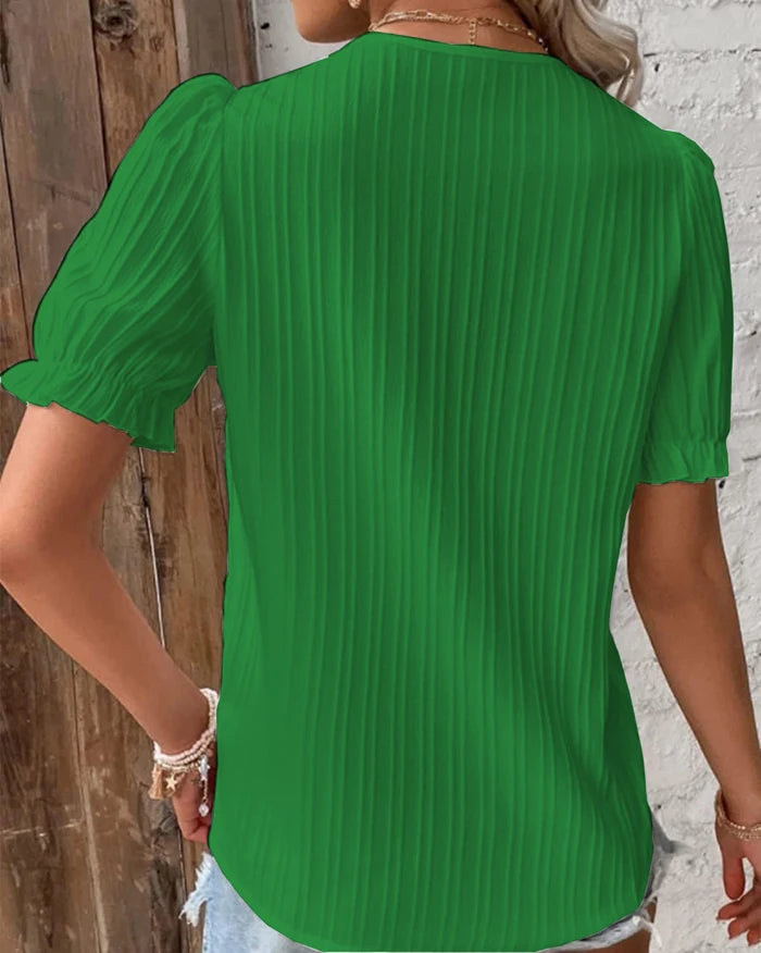 Summer Women's Top Solid V-Neck Hollow Short Sleeve Shirt Fashion Loose Street Apparel