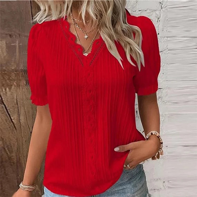 Summer Women's Top Solid V-Neck Hollow Short Sleeve Shirt Fashion Loose Street Apparel