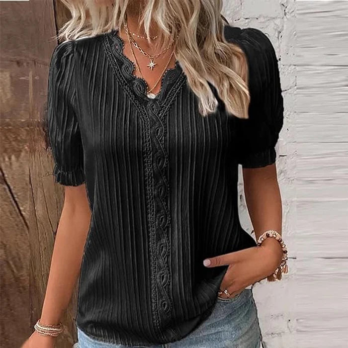 Summer Women's Top Solid V-Neck Hollow Short Sleeve Shirt Fashion Loose Street Apparel