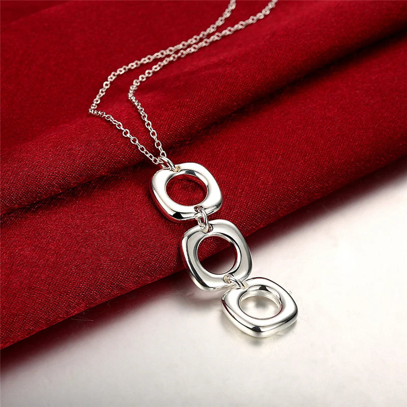 925 Sterling Silver Round Square Necklace Earring Set For Woman