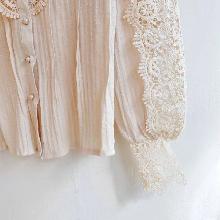 Women Chiffon Button Turtleneck Shirt Chic Elegant Floral Lace Fluffy Long Sleeve Top Fashion Hollow Oversize Blouse