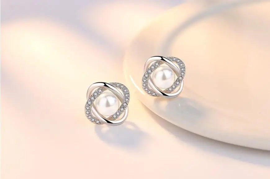 925 Sterling Silver Earrings Zircon Pearl Twist Luxury style Stud Earrings For Women