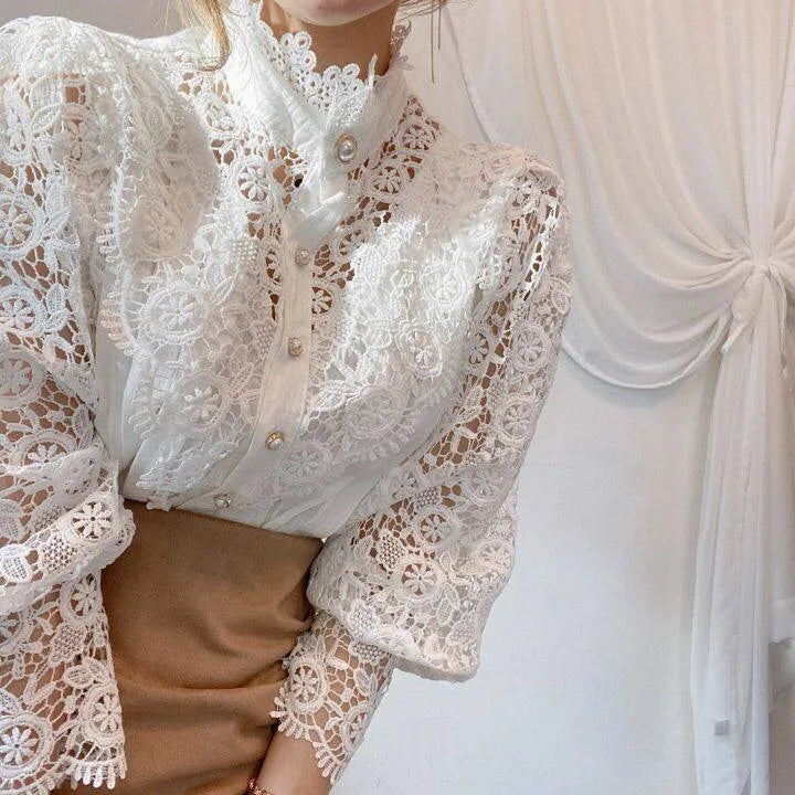 Women Chiffon Button Turtleneck Shirt Chic Elegant Floral Lace Fluffy Long Sleeve Top Fashion Hollow Oversize Blouse