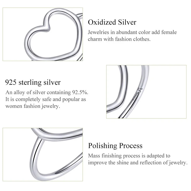 925 Sterling Silver Minimalist Heart Finger Rings for Women