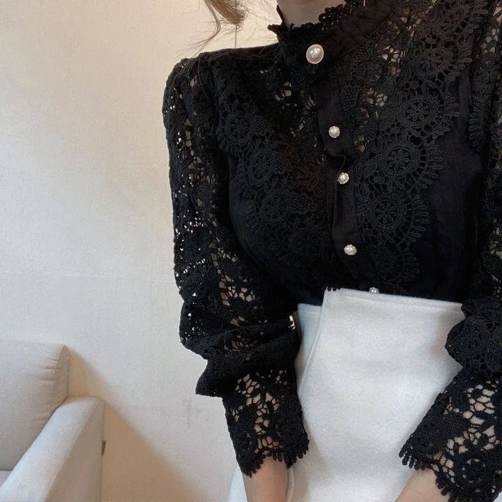 Women Chiffon Button Turtleneck Shirt Chic Elegant Floral Lace Fluffy Long Sleeve Top Fashion Hollow Oversize Blouse