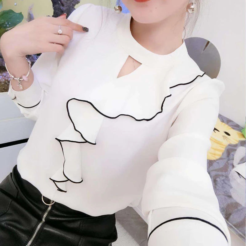 Women Chiffon Blouses Shirts Lady Casual Long Sleeve Ruffles Decor Stand Collar