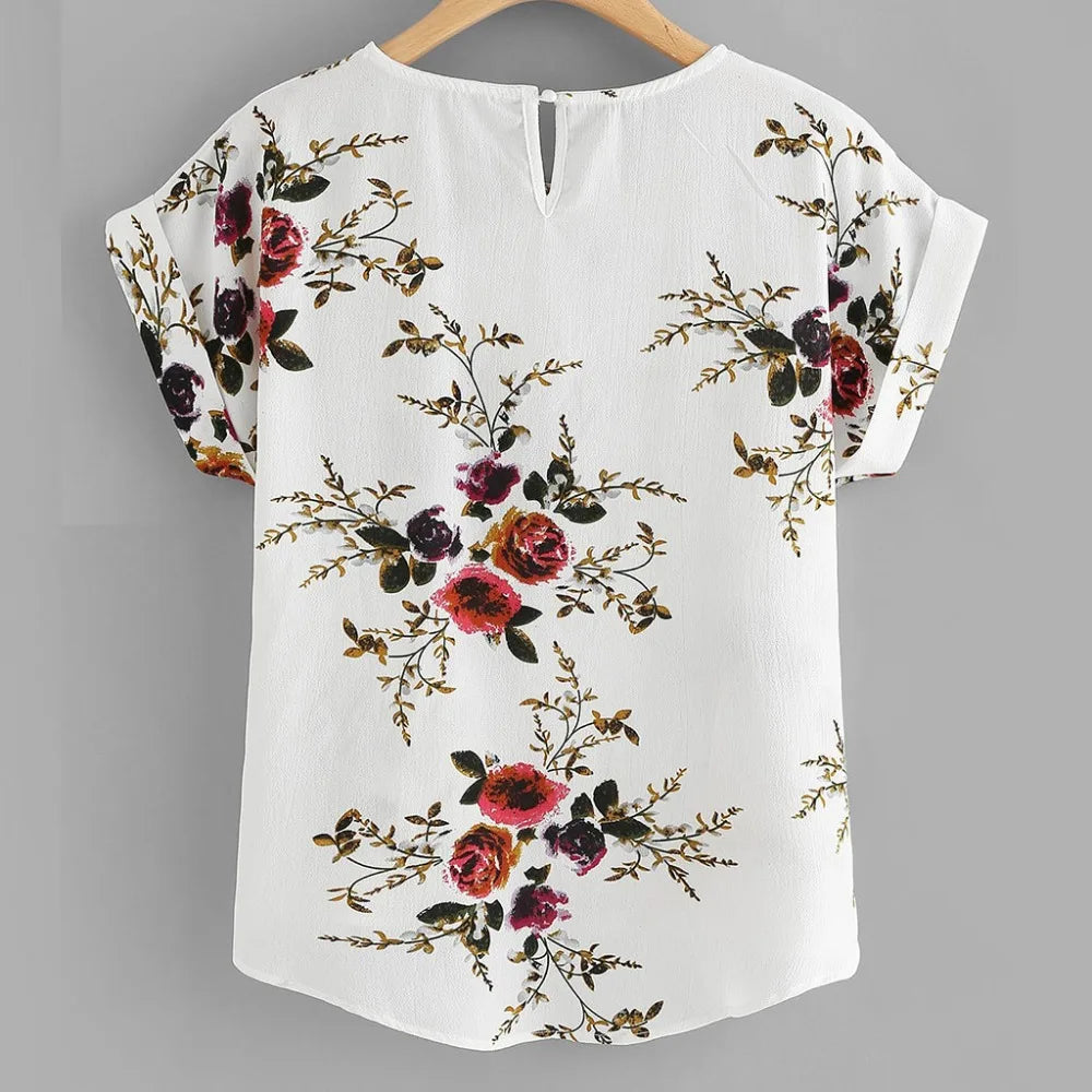 Floral Print Blouse Pullover Ladies O-Neck Tee Tops Female Women's Short Sleeve Shirt