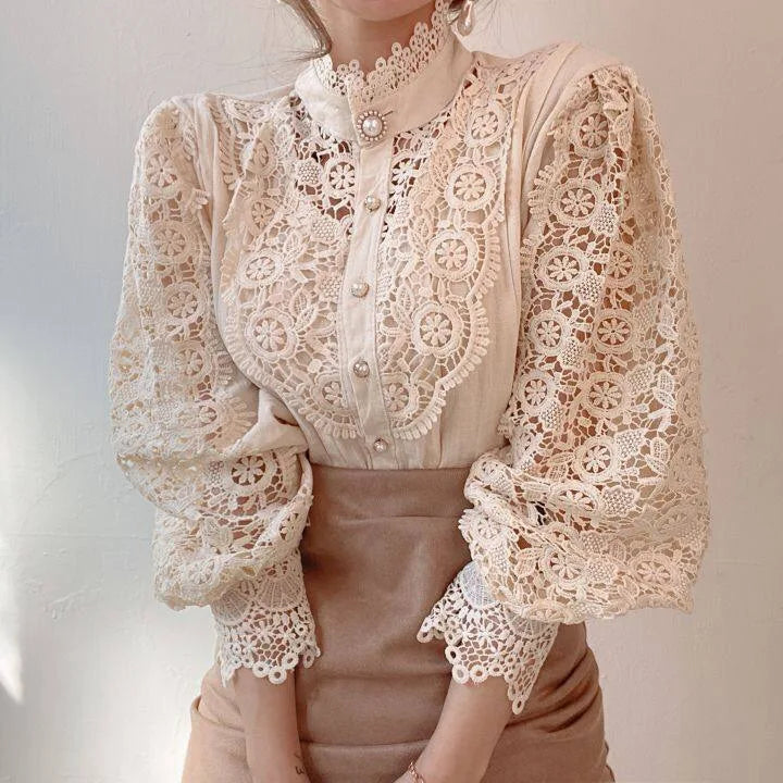 Women Chiffon Button Turtleneck Shirt Chic Elegant Floral Lace Fluffy Long Sleeve Top Fashion Hollow Oversize Blouse