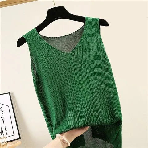 Women Summer Sleeveless Knitted Blouse Shirt Women Clothes V-neck Tops