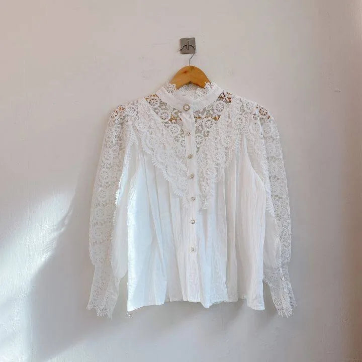 Women Chiffon Button Turtleneck Shirt Chic Elegant Floral Lace Fluffy Long Sleeve Top Fashion Hollow Oversize Blouse