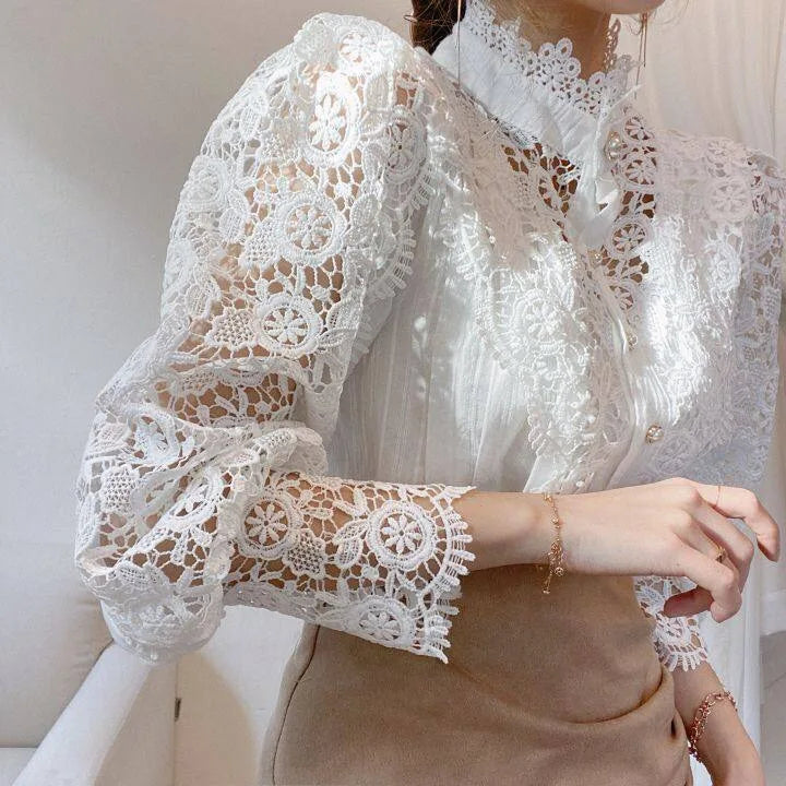 Women Chiffon Button Turtleneck Shirt Chic Elegant Floral Lace Fluffy Long Sleeve Top Fashion Hollow Oversize Blouse