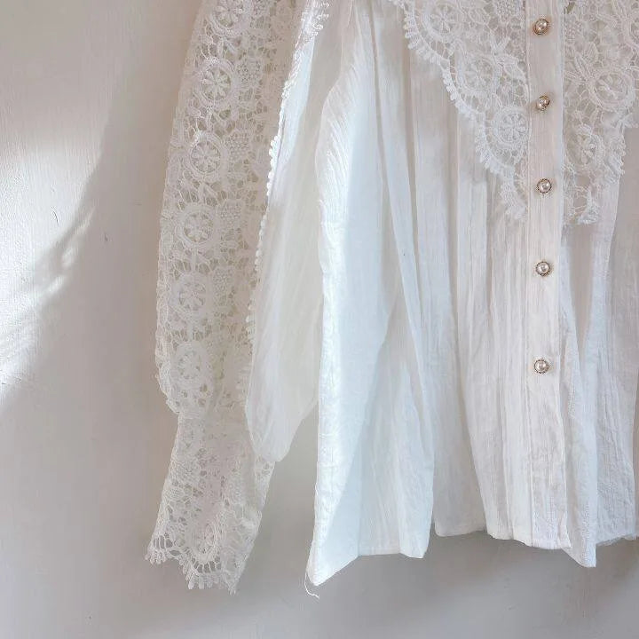 Women Chiffon Button Turtleneck Shirt Chic Elegant Floral Lace Fluffy Long Sleeve Top Fashion Hollow Oversize Blouse