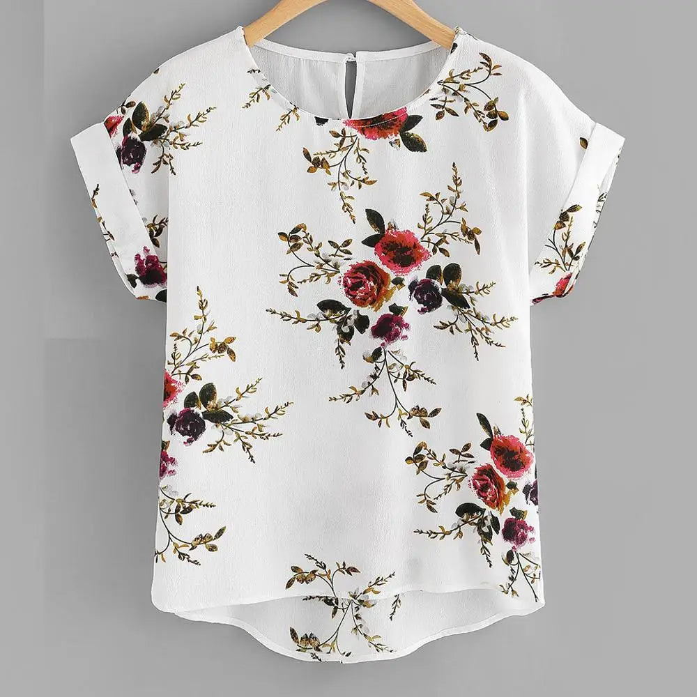 Floral Print Blouse Pullover Ladies O-Neck Tee Tops Female Women's Short Sleeve Shirt