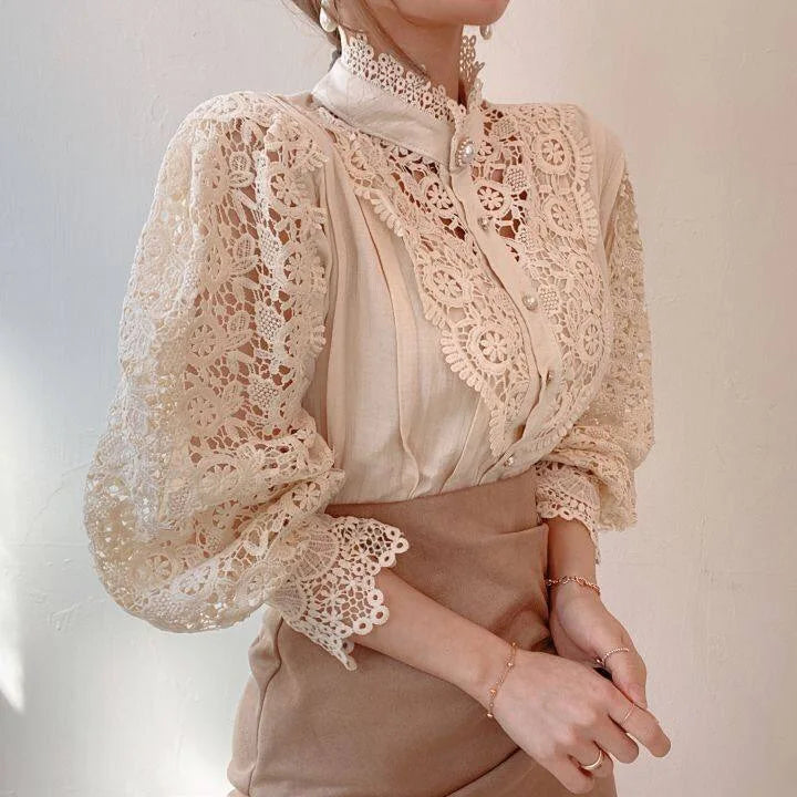 Women Chiffon Button Turtleneck Shirt Chic Elegant Floral Lace Fluffy Long Sleeve Top Fashion Hollow Oversize Blouse