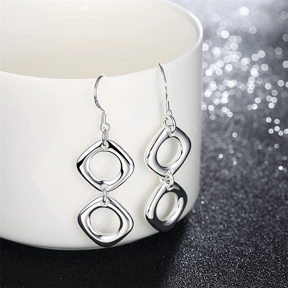 925 Sterling Silver Round Square Necklace Earring Set For Woman