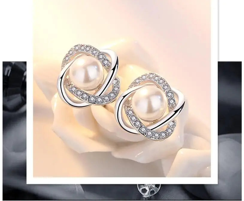 925 Sterling Silver Earrings Zircon Pearl Twist Luxury style Stud Earrings For Women