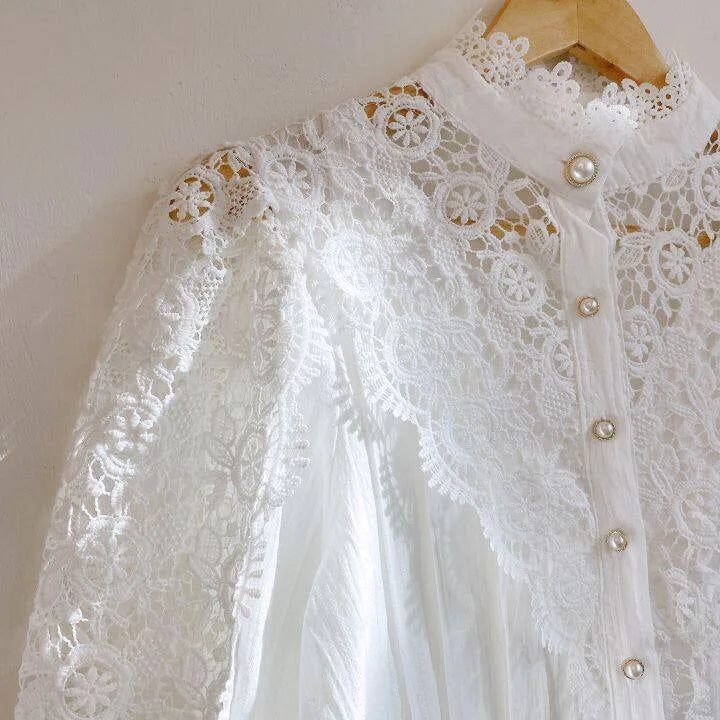 Women Chiffon Button Turtleneck Shirt Chic Elegant Floral Lace Fluffy Long Sleeve Top Fashion Hollow Oversize Blouse