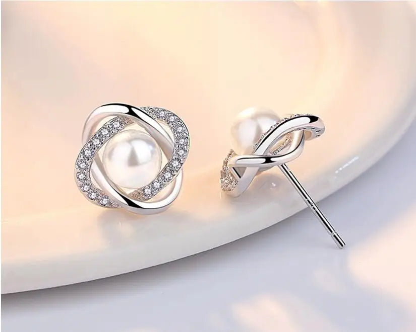 925 Sterling Silver Earrings Zircon Pearl Twist Luxury style Stud Earrings For Women