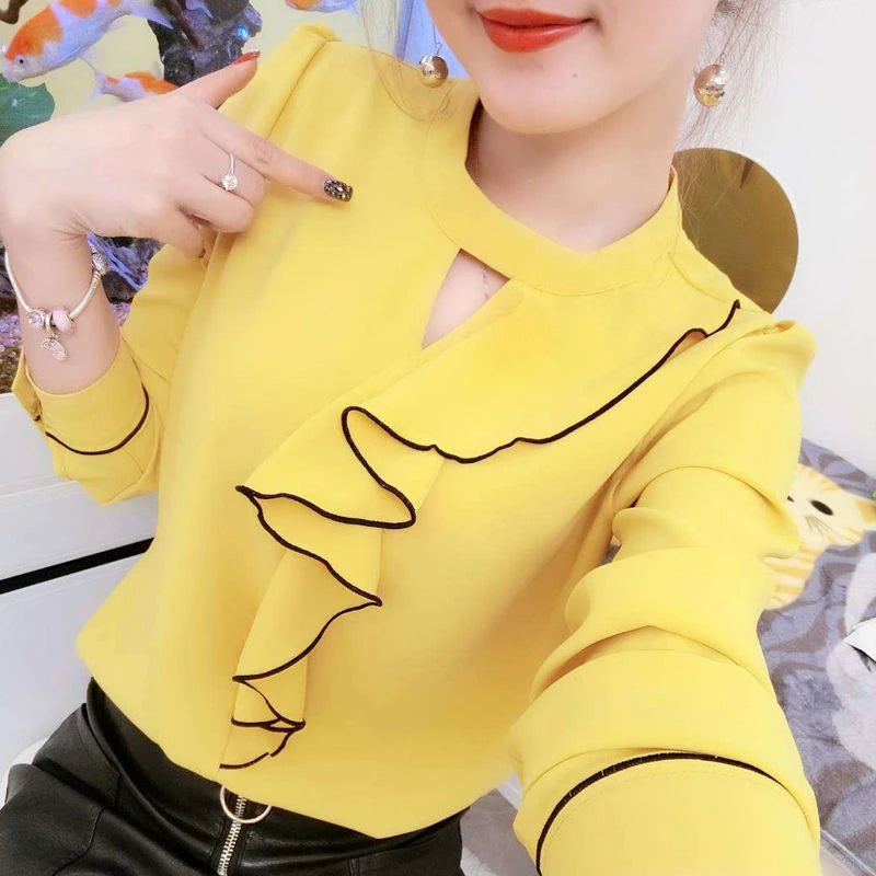Women Chiffon Blouses Shirts Lady Casual Long Sleeve Ruffles Decor Stand Collar