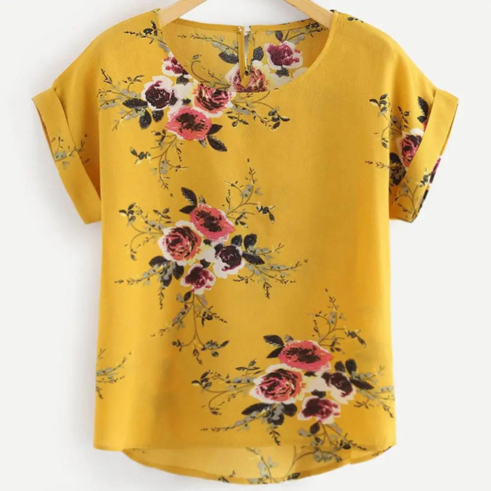 Floral Print Blouse Pullover Ladies O-Neck Tee Tops Female Women's Short Sleeve Shirt