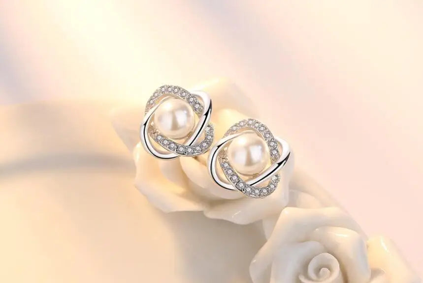 925 Sterling Silver Earrings Zircon Pearl Twist Luxury style Stud Earrings For Women