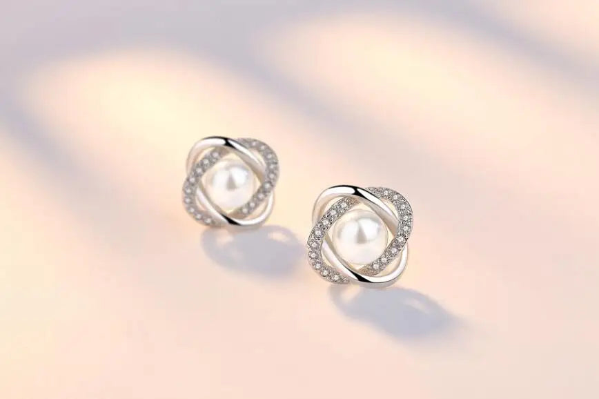 925 Sterling Silver Earrings Zircon Pearl Twist Luxury style Stud Earrings For Women