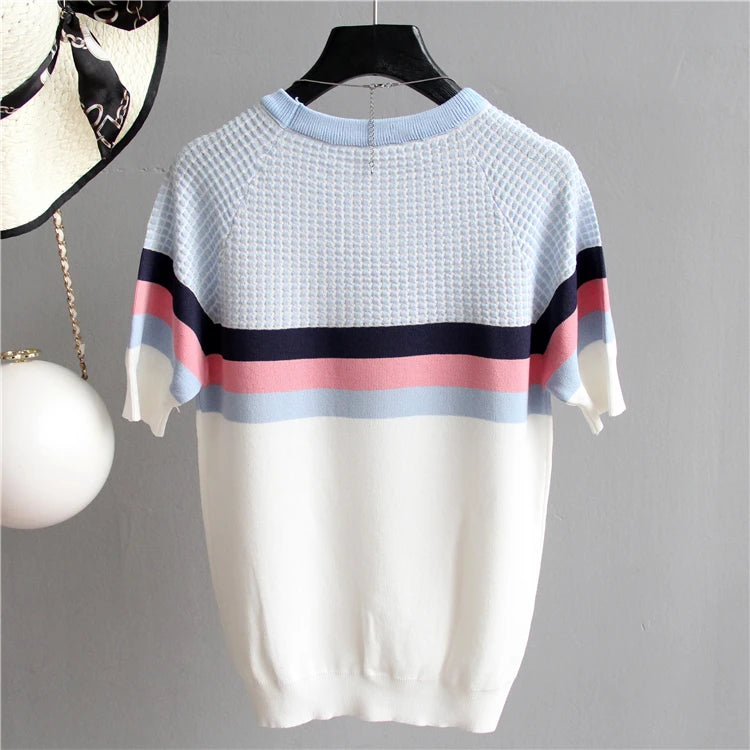 Vintage Ladies Tops Striped Summer Blouse Pink Elasticity Short Sleeve Blue Women Blouse