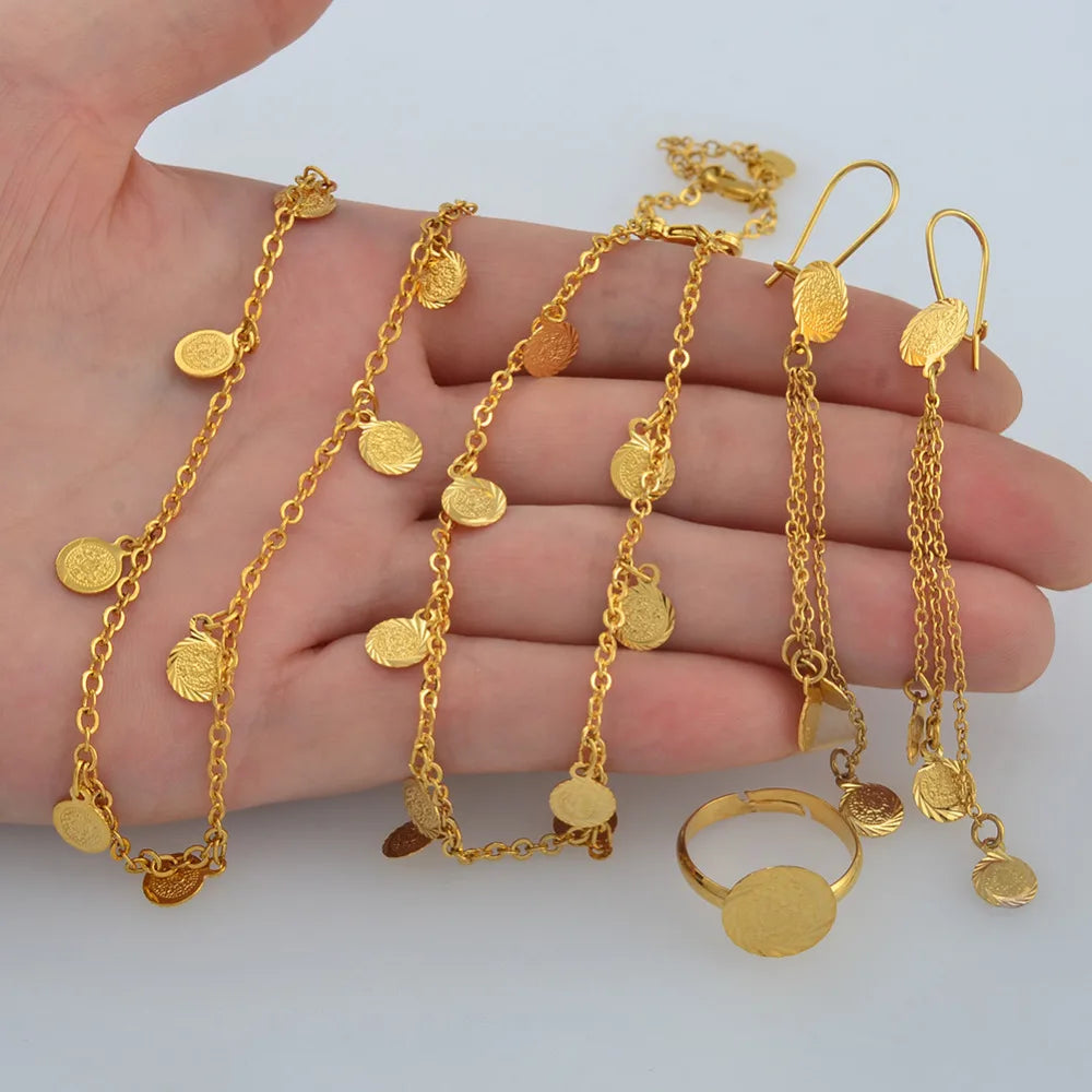 Anniyo Small Coin Jewelry Set for Girls,Necklace Earring Bracelet Ring Gold plated