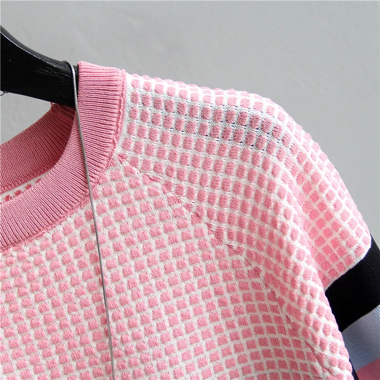 Vintage Ladies Tops Striped Summer Blouse Pink Elasticity Short Sleeve Blue Women Blouse