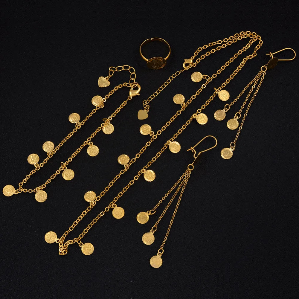 Anniyo Small Coin Jewelry Set for Girls,Necklace Earring Bracelet Ring Gold plated