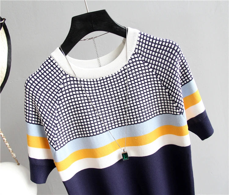 Vintage Ladies Tops Striped Summer Blouse Pink Elasticity Short Sleeve Blue Women Blouse