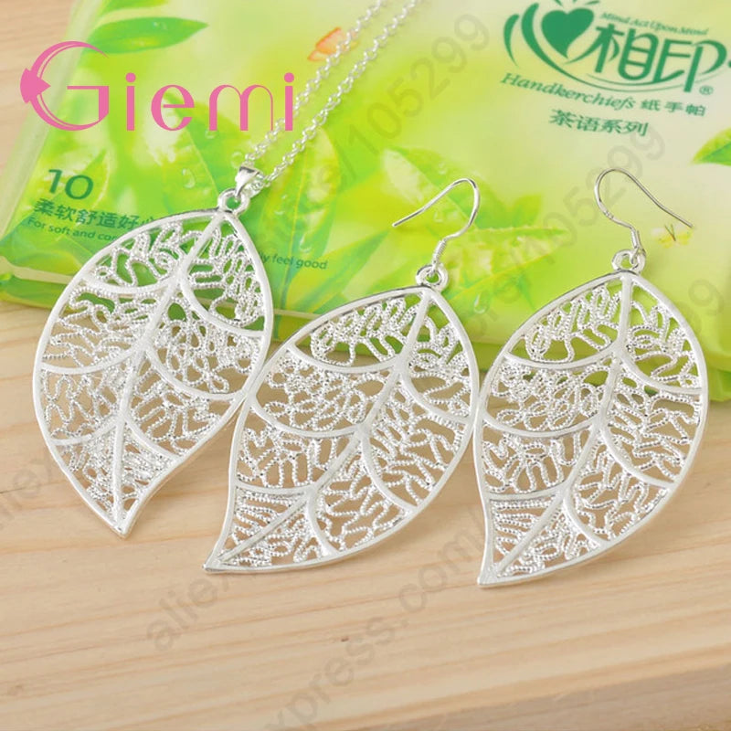 925 Sterling Silver Jewelry Sets Leaf Pendant Necklace Leaves Earring Hook And Earring Hook For Women