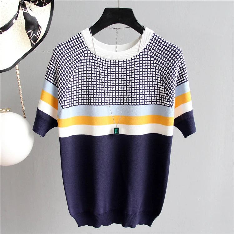 Vintage Ladies Tops Striped Summer Blouse Pink Elasticity Short Sleeve Blue Women Blouse
