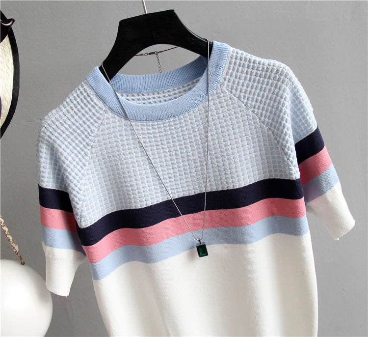 Vintage Ladies Tops Striped Summer Blouse Pink Elasticity Short Sleeve Blue Women Blouse