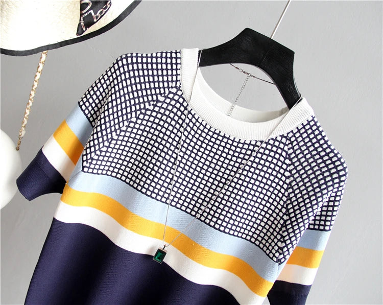 Vintage Ladies Tops Striped Summer Blouse Pink Elasticity Short Sleeve Blue Women Blouse