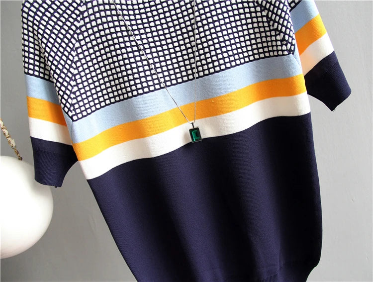 Vintage Ladies Tops Striped Summer Blouse Pink Elasticity Short Sleeve Blue Women Blouse