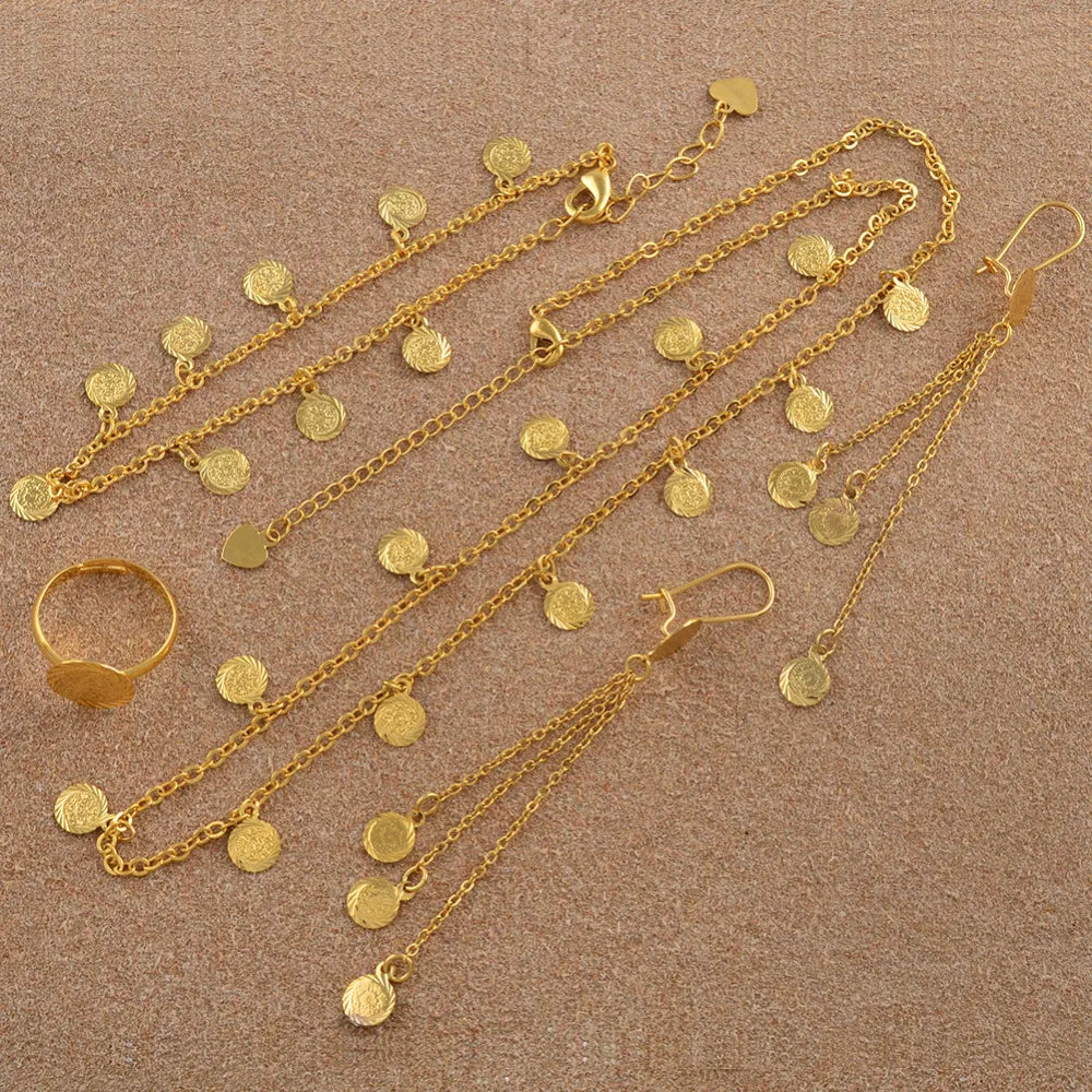 Anniyo Small Coin Jewelry Set for Girls,Necklace Earring Bracelet Ring Gold plated