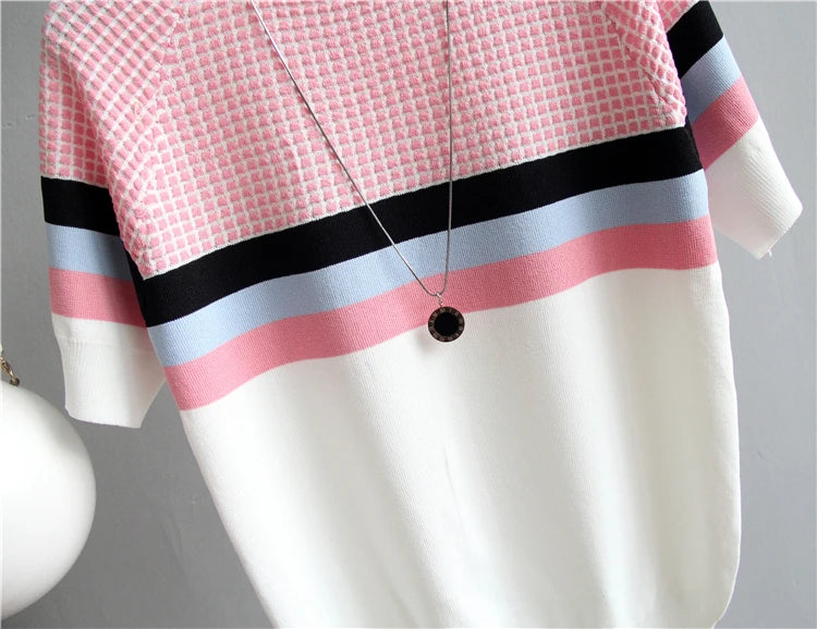 Vintage Ladies Tops Striped Summer Blouse Pink Elasticity Short Sleeve Blue Women Blouse