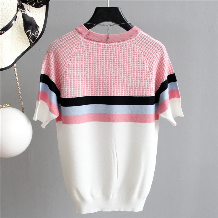 Vintage Ladies Tops Striped Summer Blouse Pink Elasticity Short Sleeve Blue Women Blouse