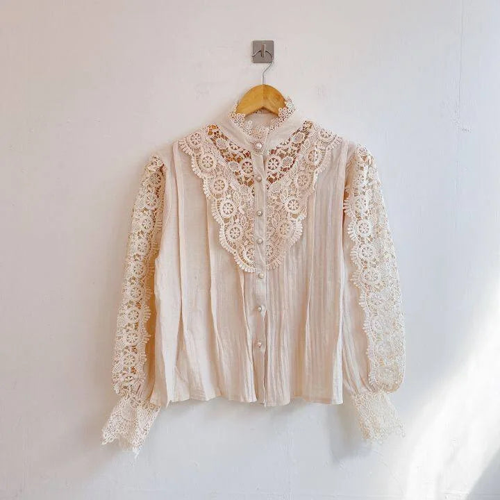 Women Chiffon Button Turtleneck Shirt Chic Elegant Floral Lace Fluffy Long Sleeve Top Fashion Hollow Oversize Blouse