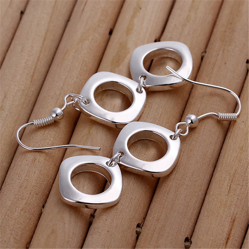 925 Sterling Silver Round Square Necklace Earring Set For Woman