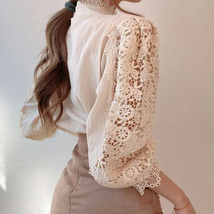 Women Chiffon Button Turtleneck Shirt Chic Elegant Floral Lace Fluffy Long Sleeve Top Fashion Hollow Oversize Blouse