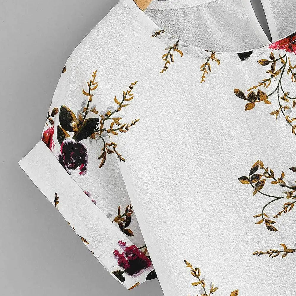 Floral Print Blouse Pullover Ladies O-Neck Tee Tops Female Women's Short Sleeve Shirt