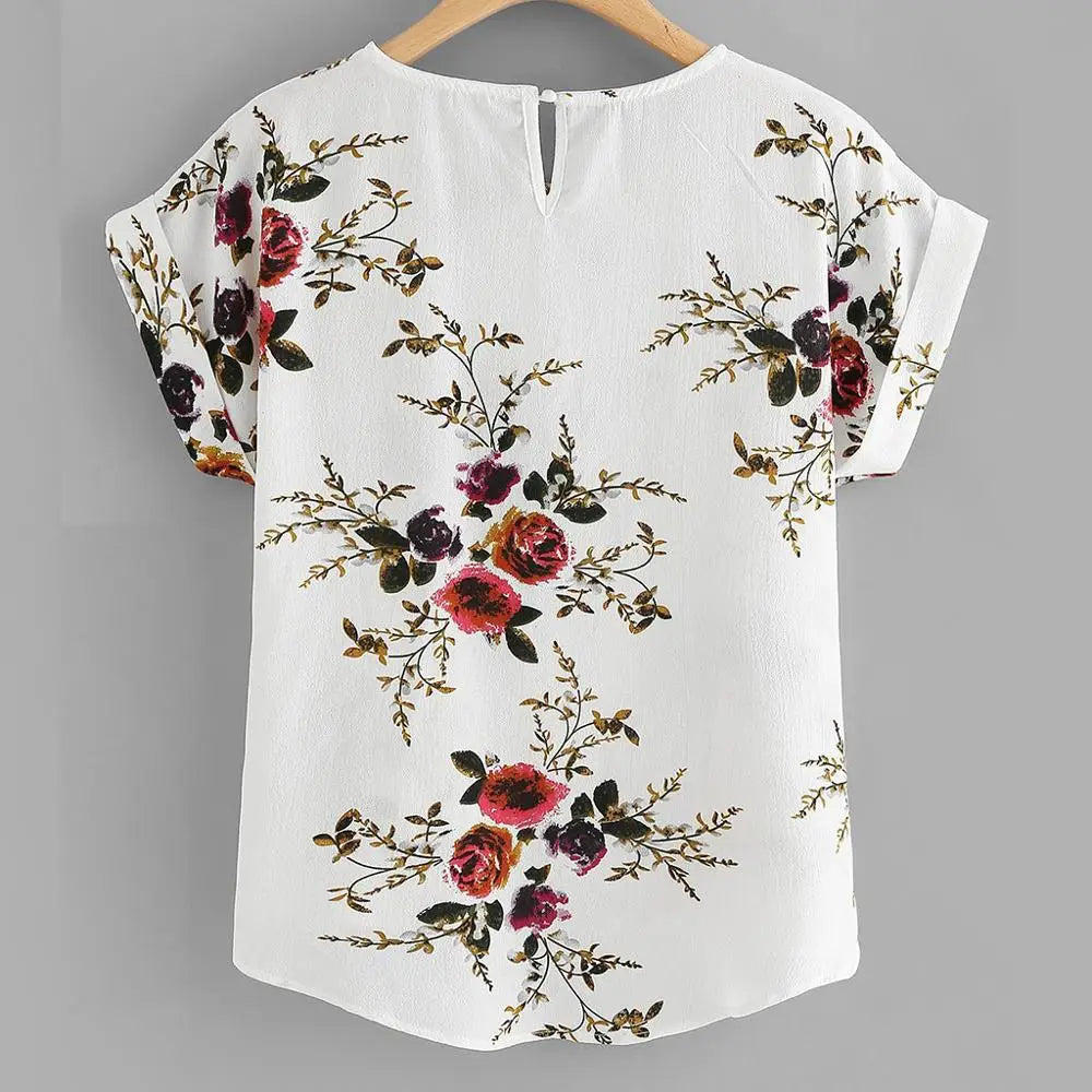 Floral Print Blouse Pullover Ladies O-Neck Tee Tops Female Women's Short Sleeve Shirt