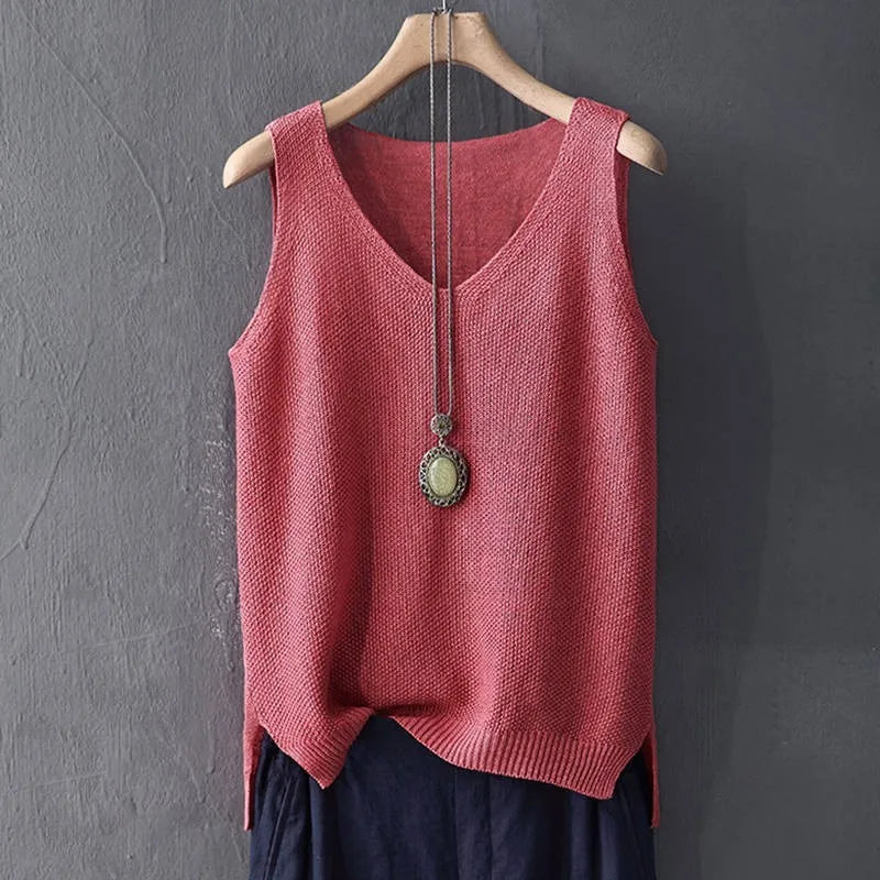 Women Summer Sleeveless Knitted Blouse Shirt Women Clothes V-neck Tops